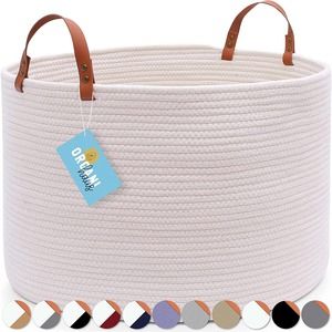 OrganiHaus XXL Cotton Rope Basket with Leather Handles Wide 20"x13.3"